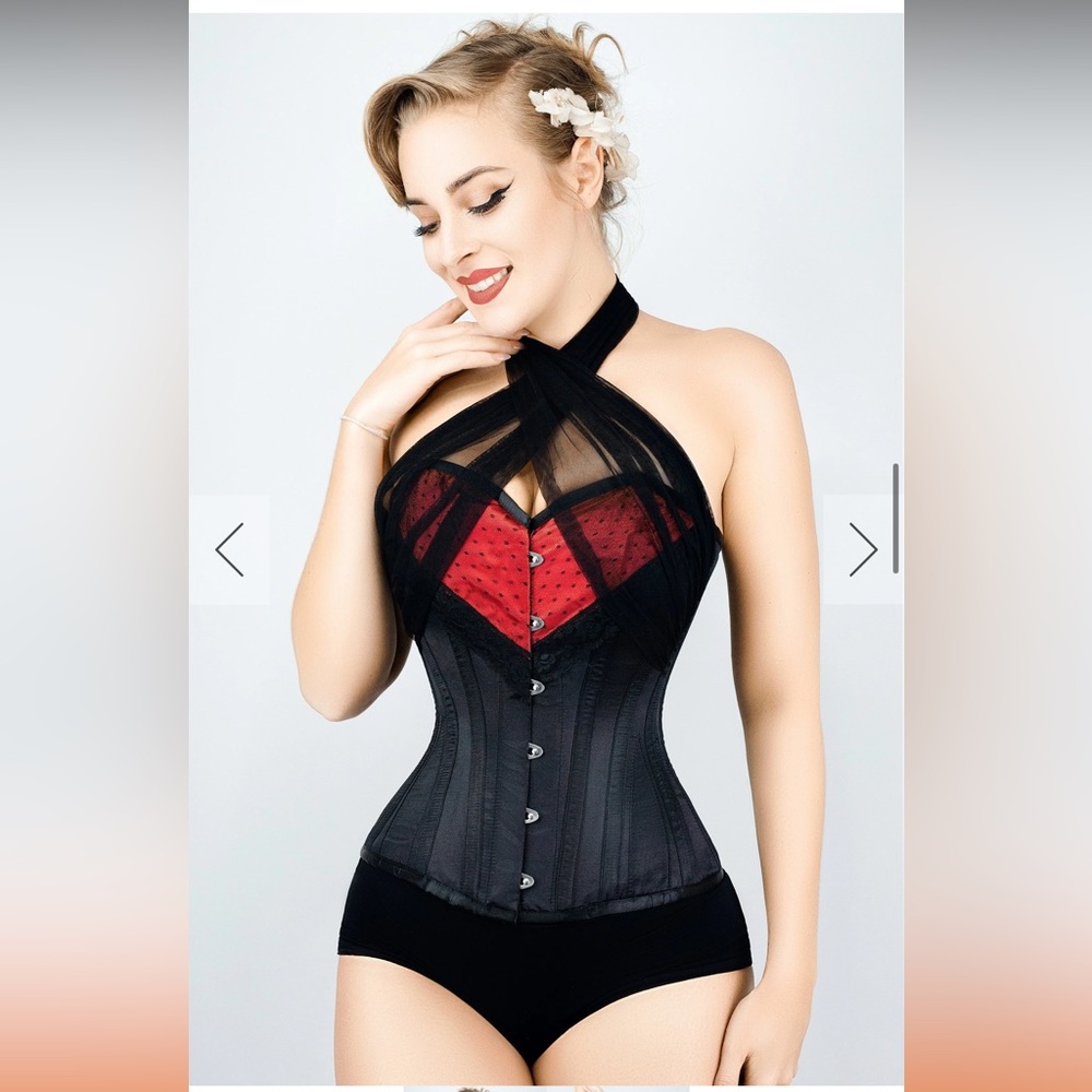 Size 38 Corset story red and black burlesque steel corset with halter top